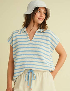 STRIPED COLLARED V NECK TOP