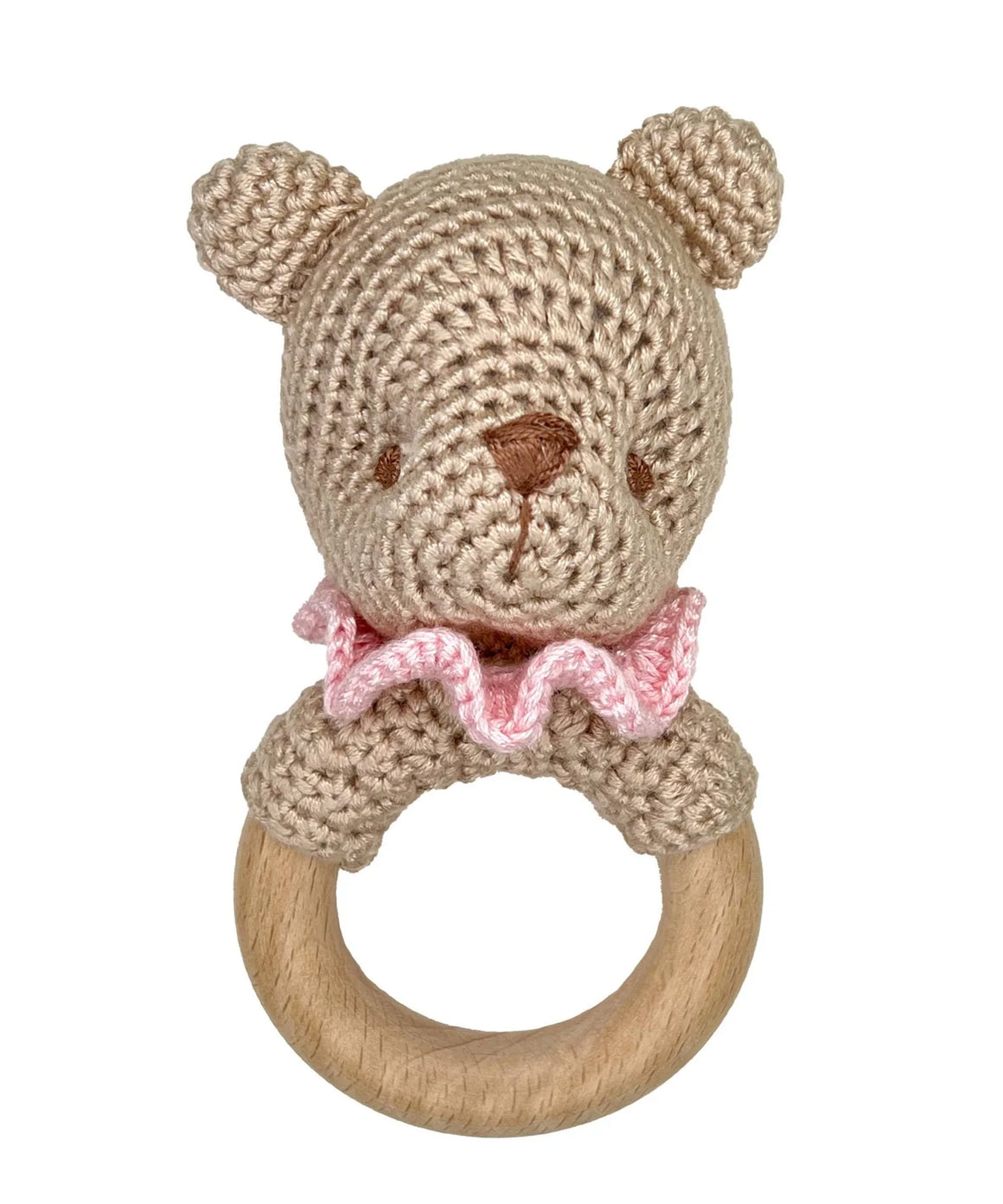 Zubels | Bear Bamboo Crochet Woodring Rattle in Pink