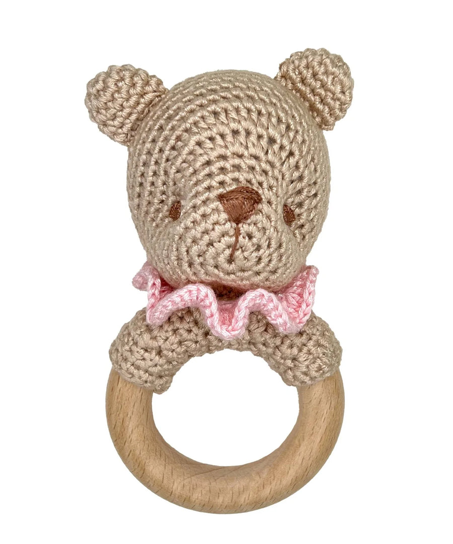 Zubels | Bear Bamboo Crochet Woodring Rattle in Pink