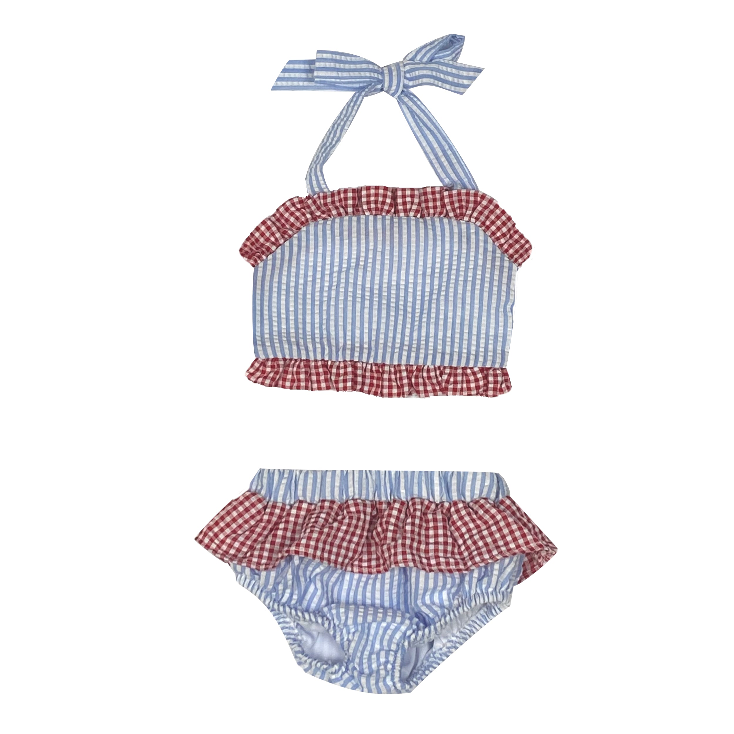 Blue with Red Trim Seersucker Ruffle Bikini