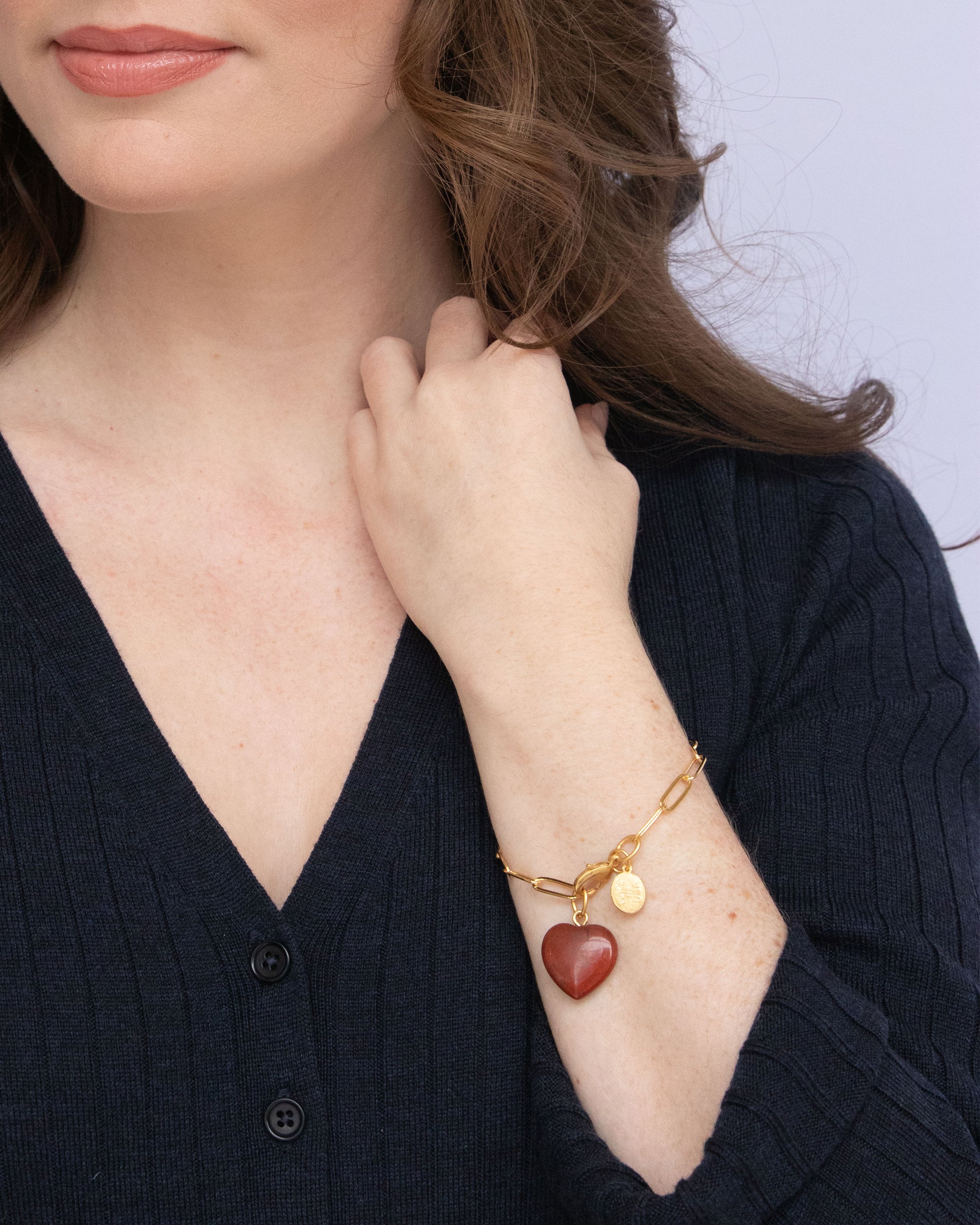 Susan Shaw | Audrey Gold Paperclip Chain Bracelet with Cherry Quartz Heart