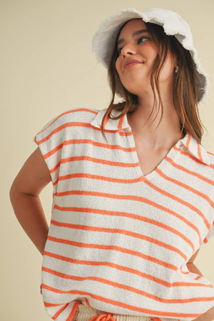 STRIPED COLLARED V NECK TOP