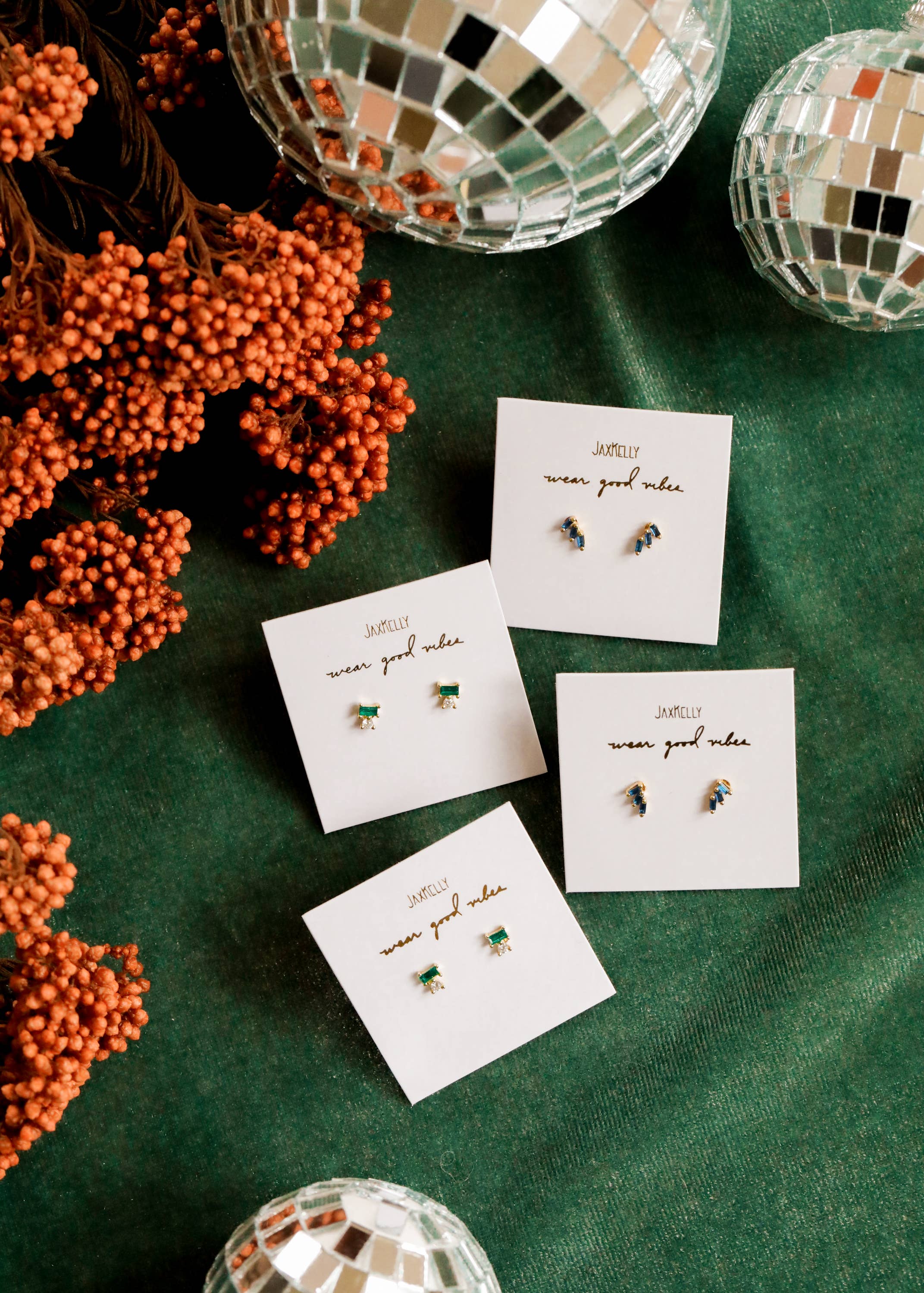 Double Stud Stack - Emerald - Gold Earrings