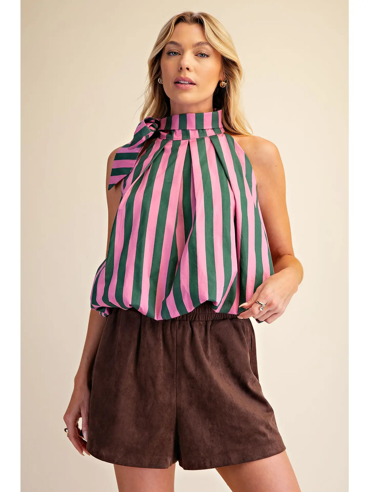 Lucy High Neck Tie Wrap Stripe Balloon Top