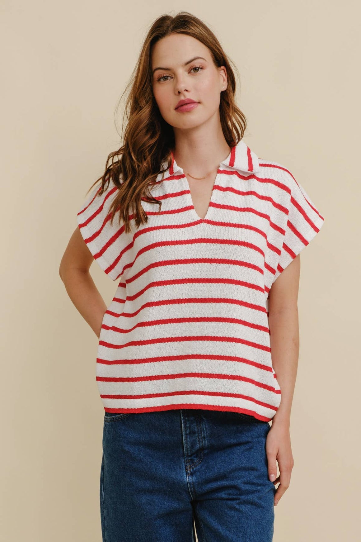 STRIPED COLLARED V NECK TOP