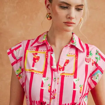 Happy Hour Striped Cocktail Print Shirt Midi Dress