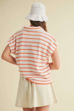 STRIPED COLLARED V NECK TOP