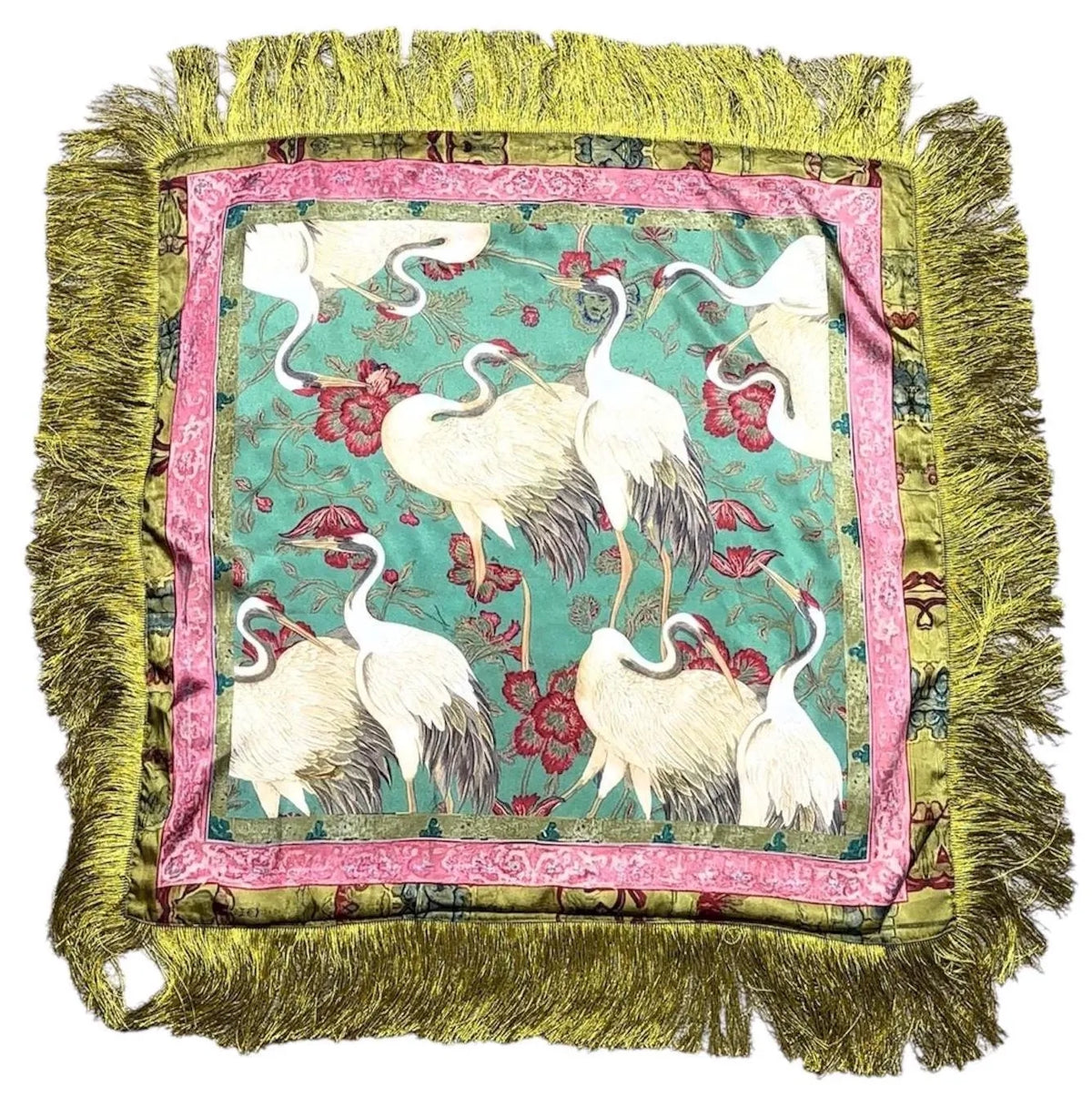 Crane Print Fringe Trim Scarf