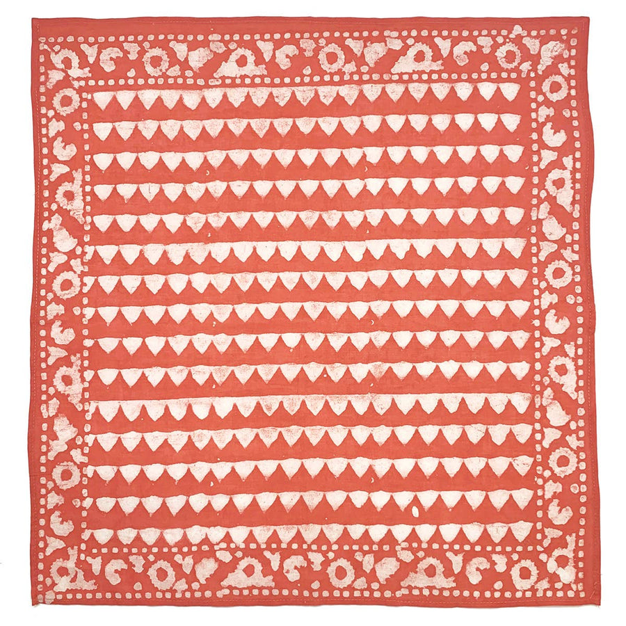 Block Printed Bandana - Red Orange Triangles Abstract Border