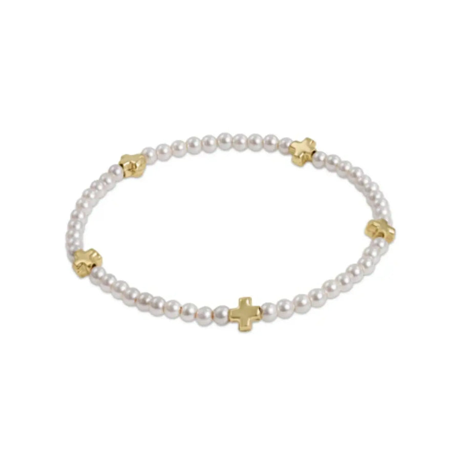 eNewton | Signature Cross Small Pearl Pattern 3mm Bead Bracelet - Gold