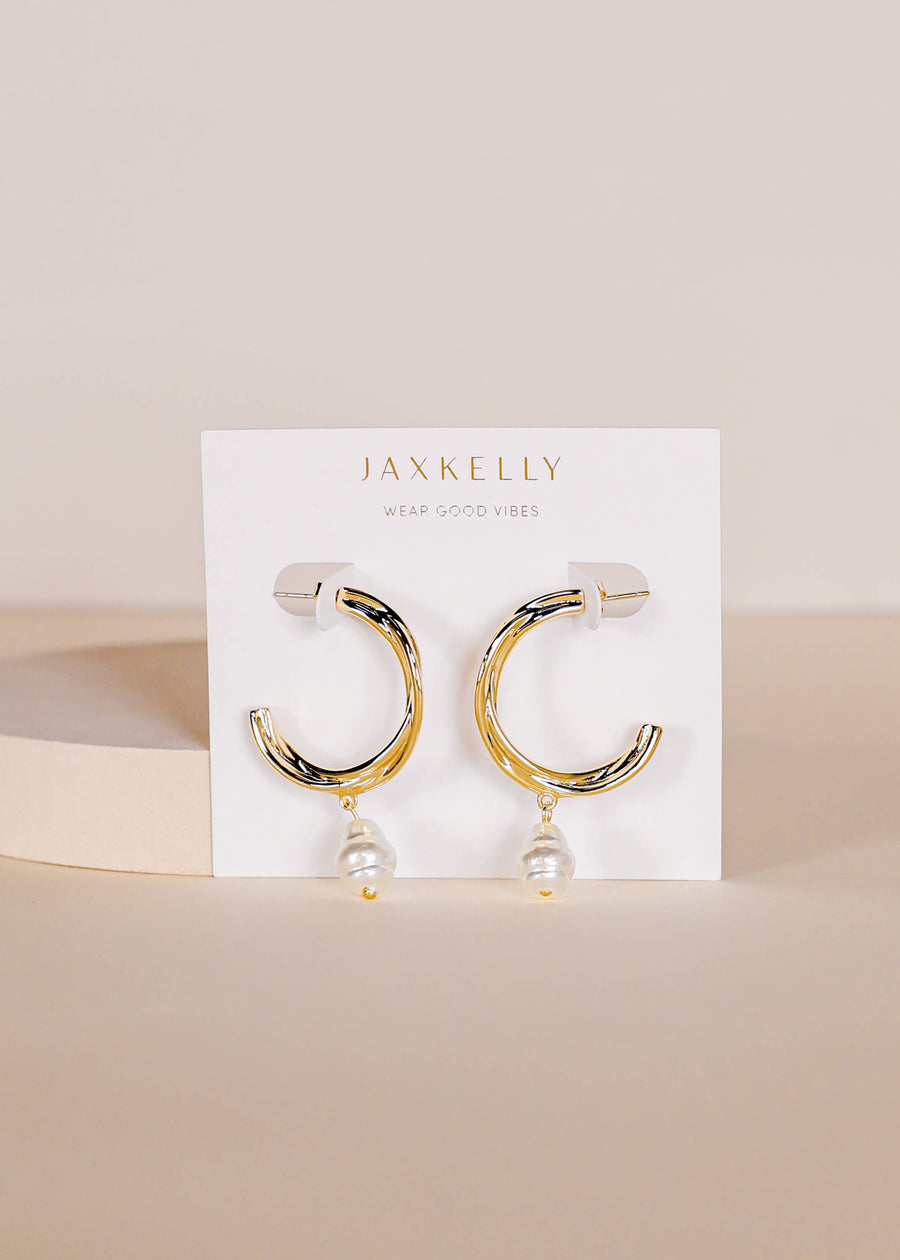 Twisted Pearl Drop Hoop - Gold Earrings