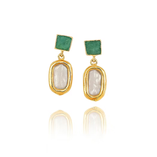 Green Rectangle Pearl Earrings