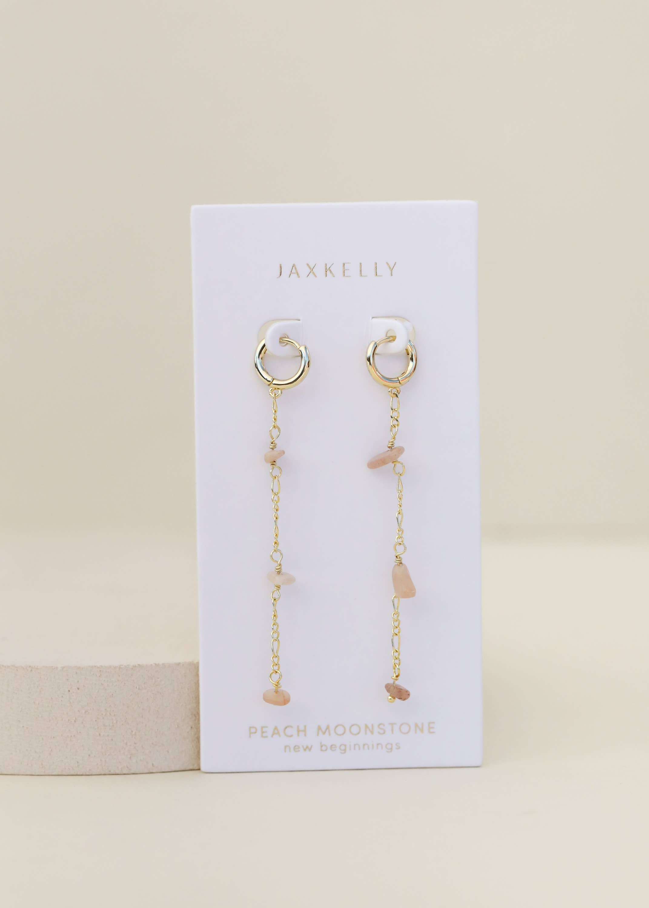 Raw Gemstone Chain Drop Earring - Peach Moonstone