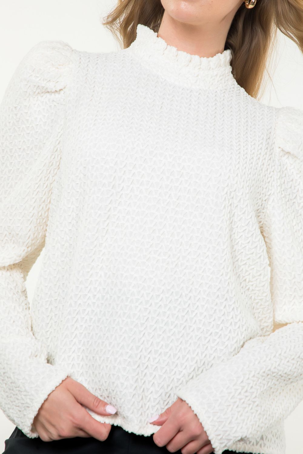 Callie Mock Neck Textured Puff Sleeve Top