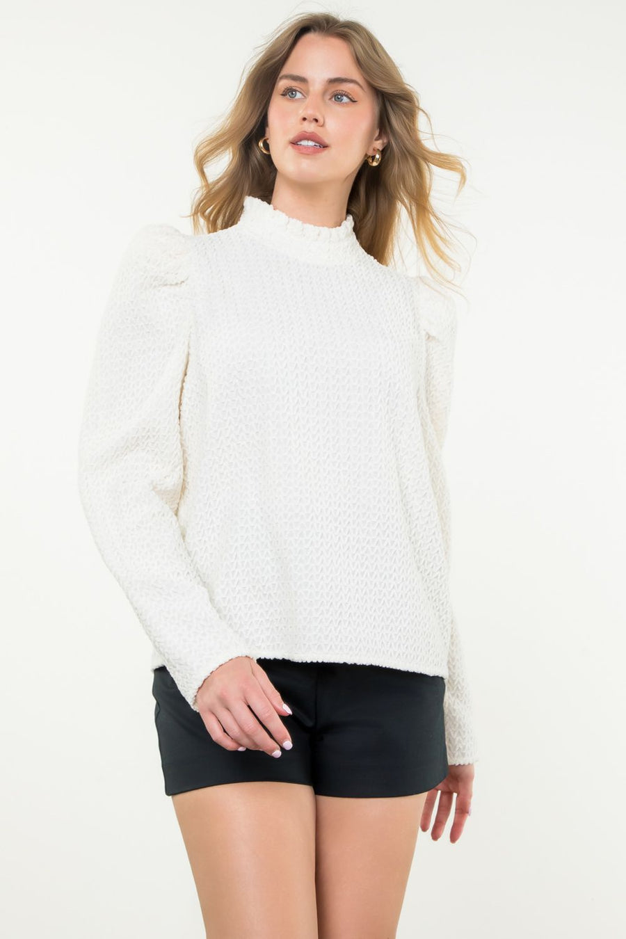 Callie Mock Neck Textured Puff Sleeve Top