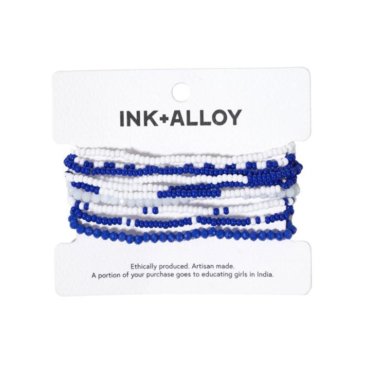 INK + ALLOY | Sage Mixed Stripe Beaded 10 Strand Bracelets - Blue & White