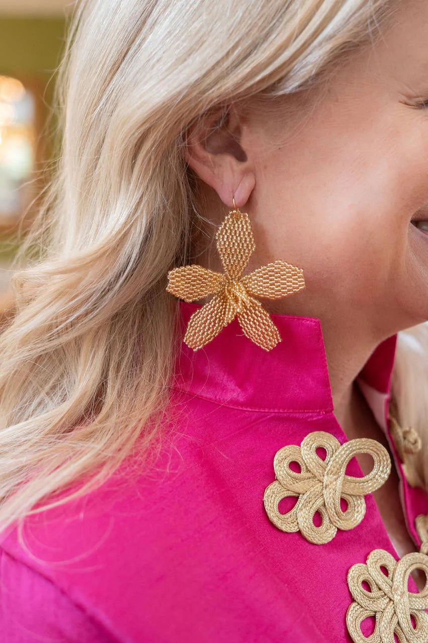 Beaded Fabric Flower Earring with Hook Back