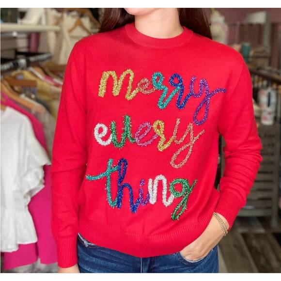 Queen of Sparkles | Red Merry Everything Glitter Script Sweater