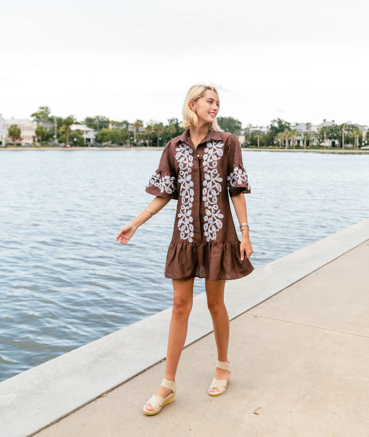 Mae Embroidered Linen Dress Brown