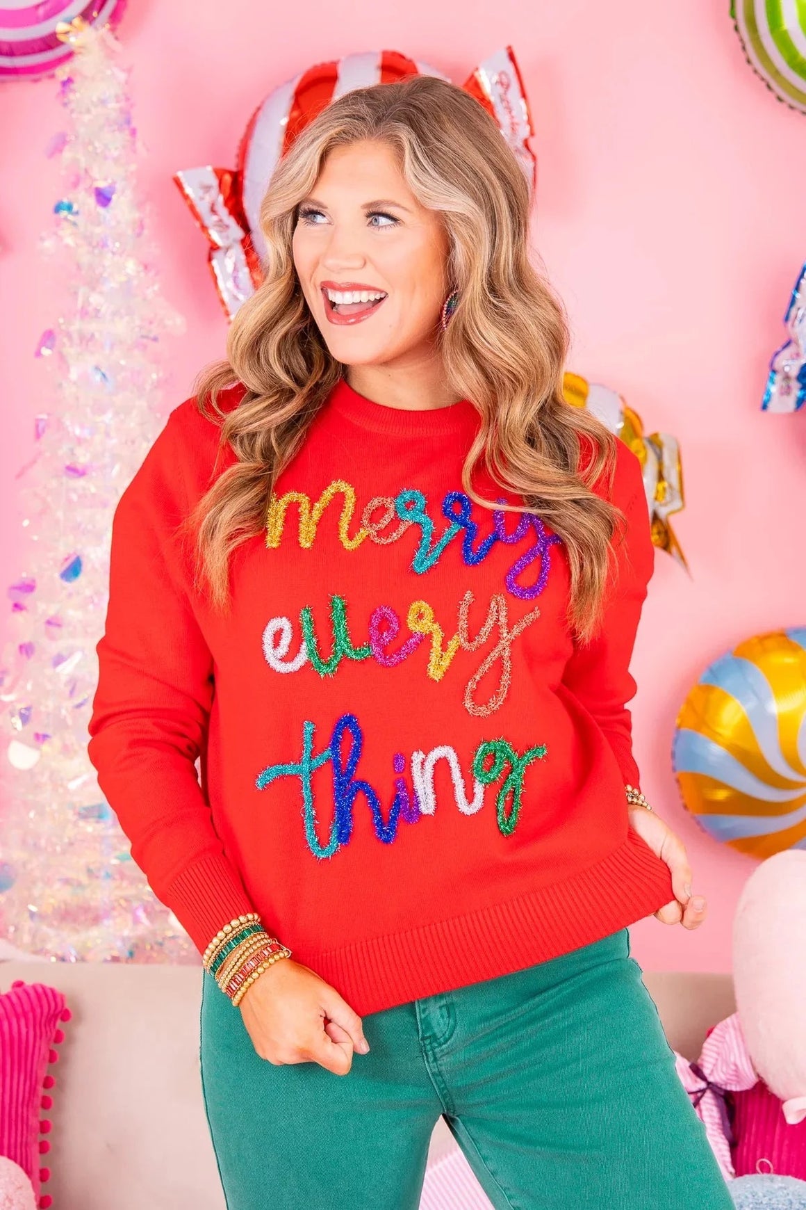 Queen of Sparkles | Red Merry Everything Glitter Script Sweater