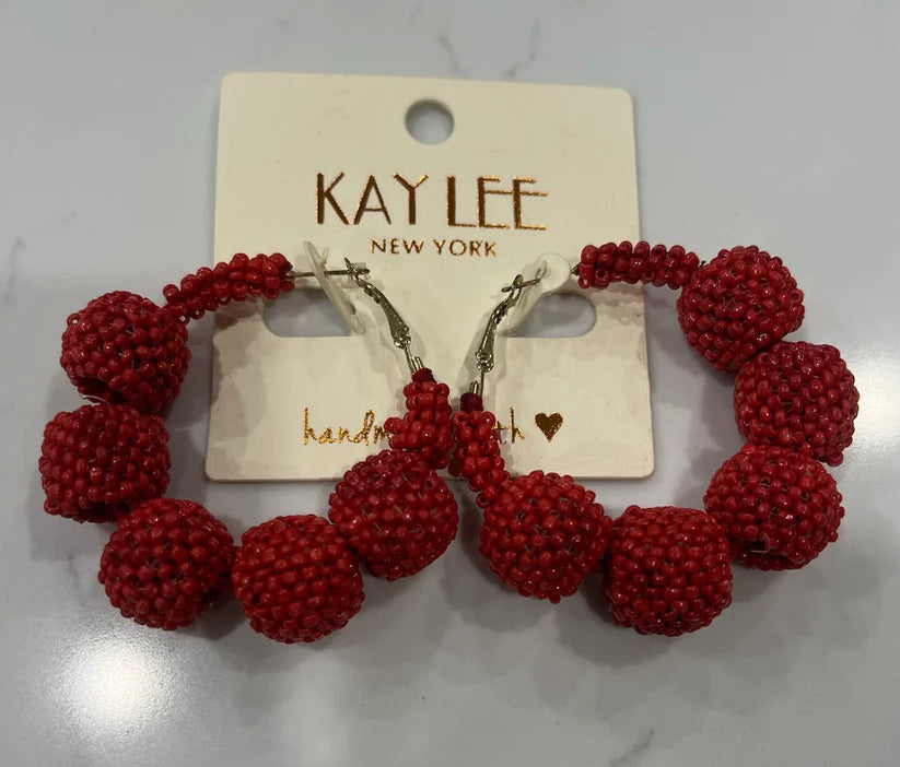 Red Beaded Ball Hoop Earring