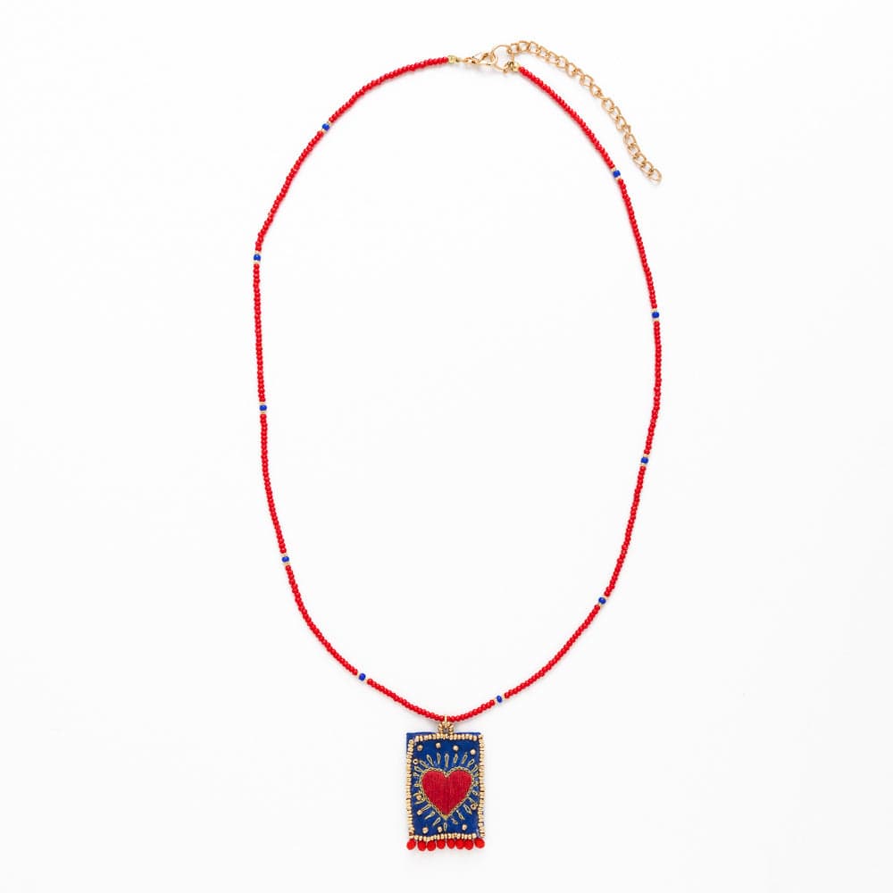 Ink + Alloy | Robin Beaded Embroidered Heart Pendant Neckace
