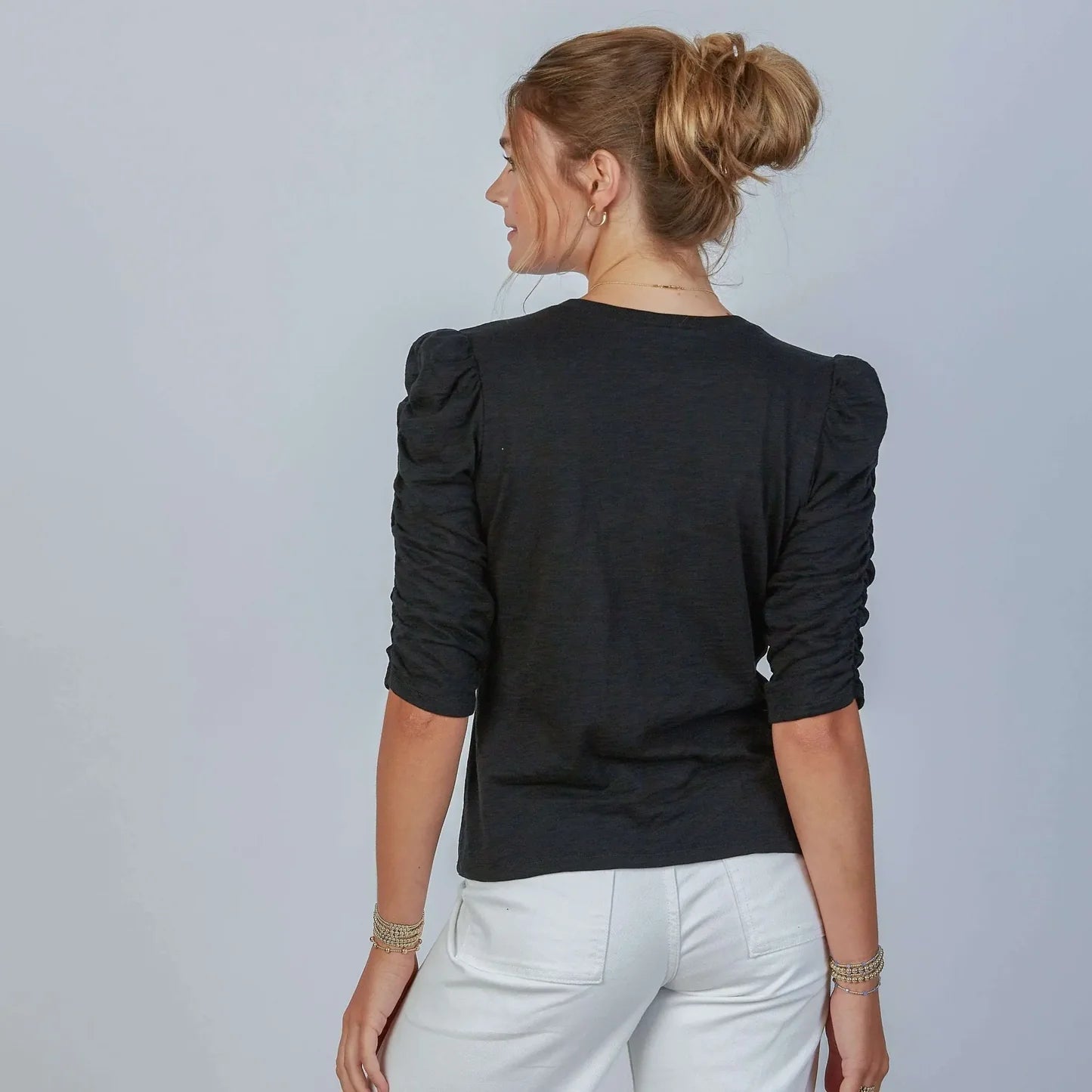 Sophie Ruched Elbow-Length Tee in Black