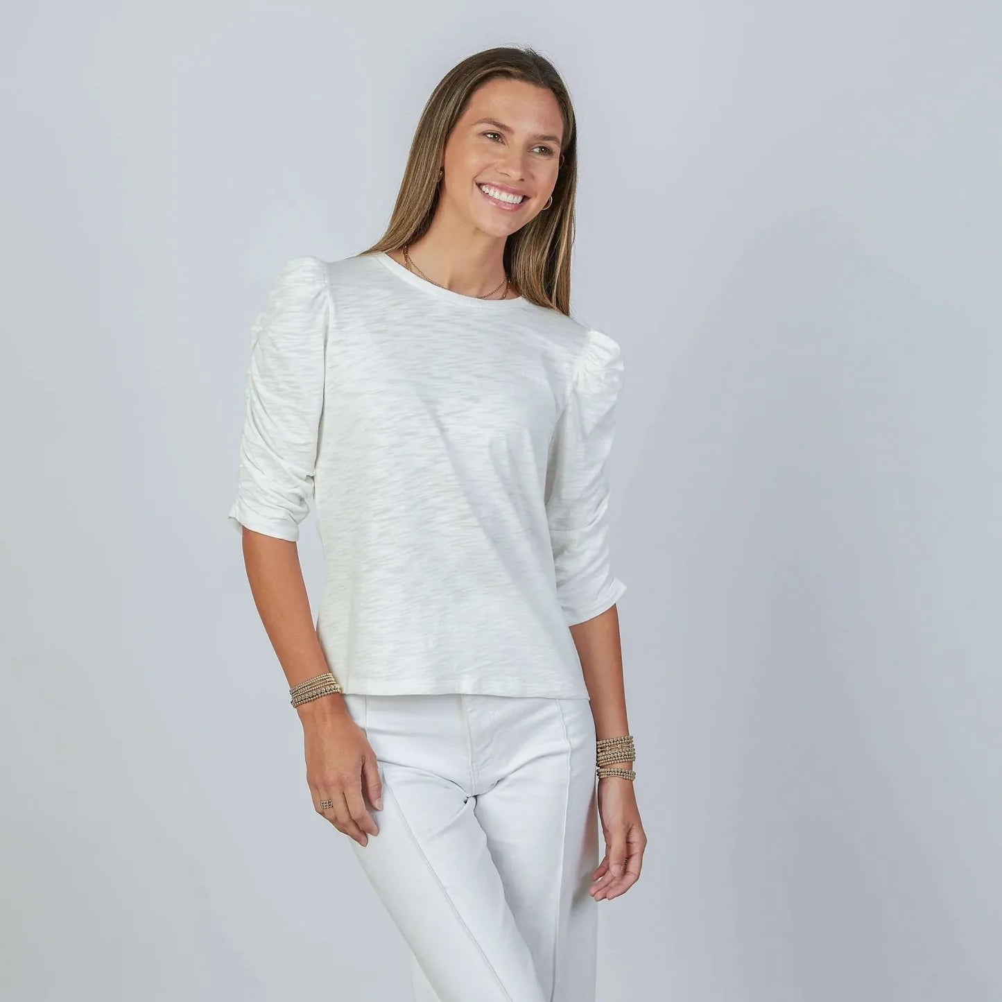 Sophie Ruched Elbow-Length Tee in White