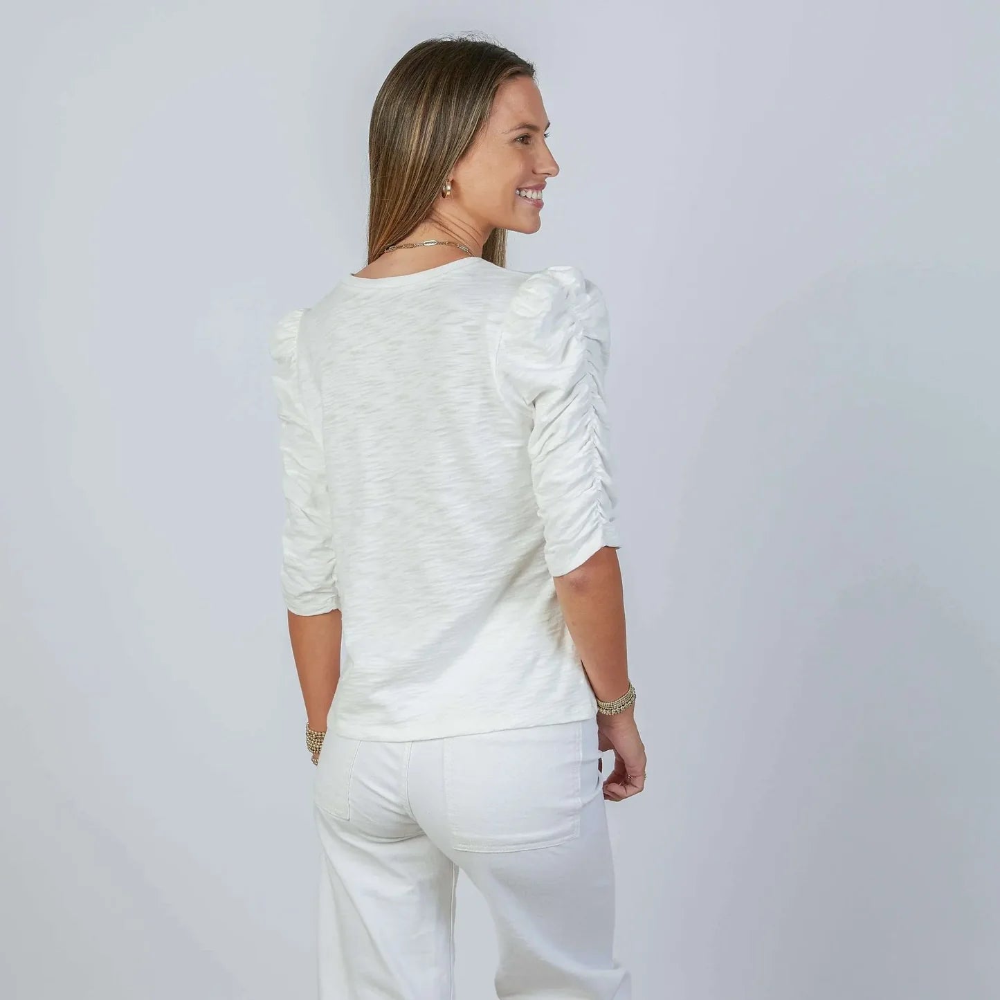 Sophie Ruched Elbow-Length Tee in White