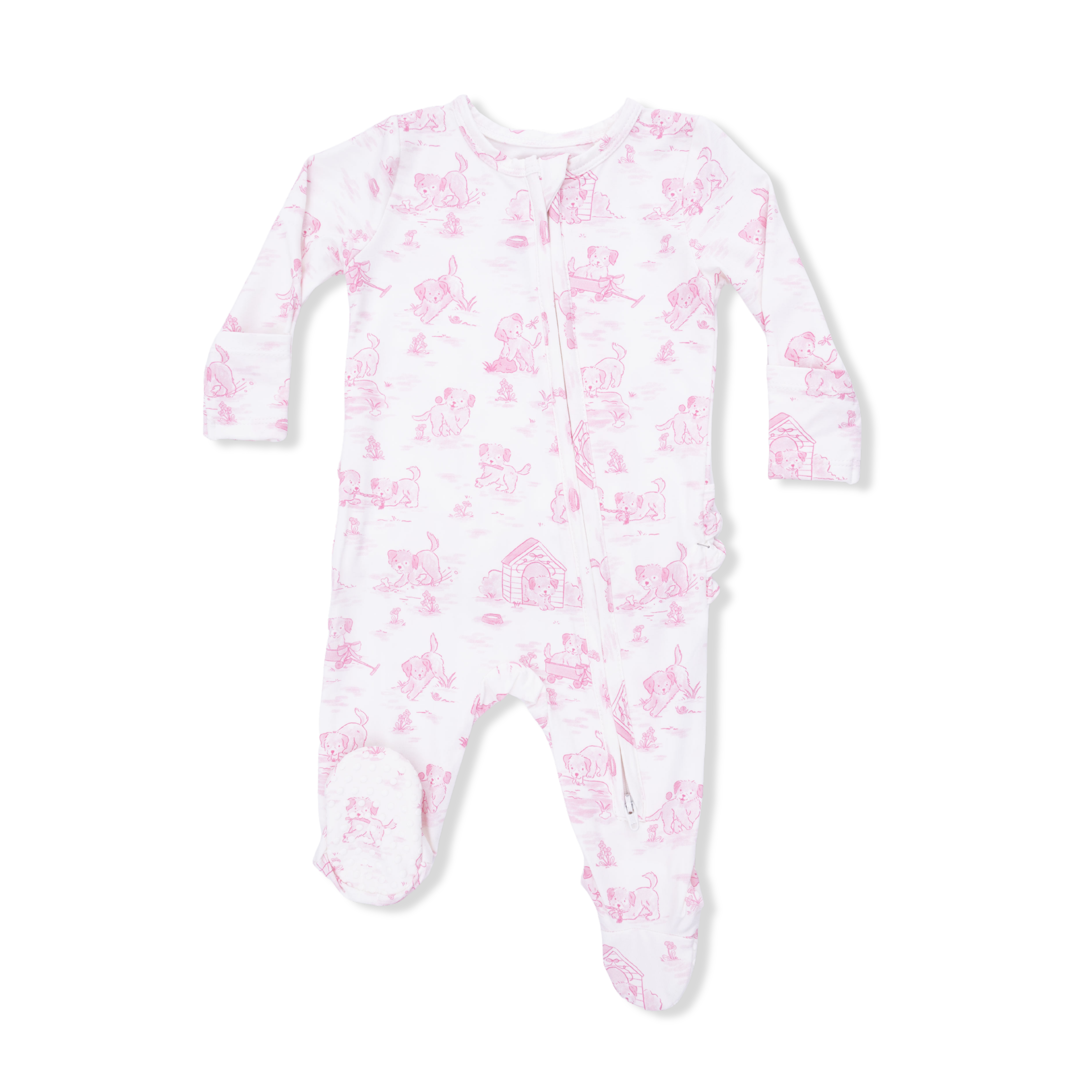 Angel Dear | Puppy Toile Pink 2 Way Ruffle Back Zipper Footie