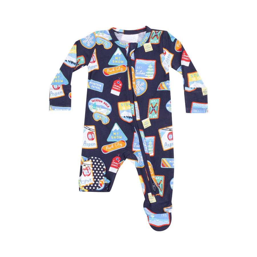 Angel Dear | 2 Way Ruffle Zipper Footie - Vintage Ski Patches