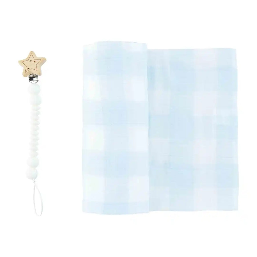 BLUE GINGHAM SWADDLE AND PACI CLIP SET