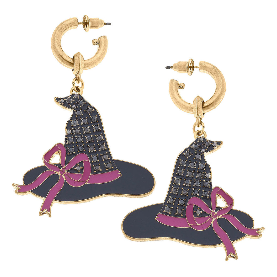 Halloween Enamel Earrings - Black and Pink Witch Hat