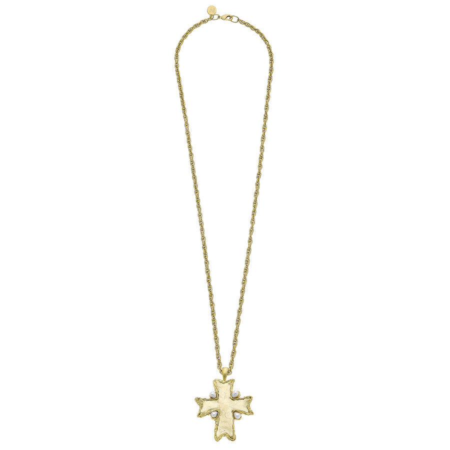 Long Gold Modern Cross / Freshwater Pearl Necklace