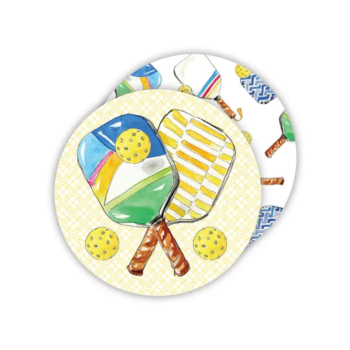 Rosanne Beck | Hand Painted Pickleball Paddles and Balls Round Paper Coasters