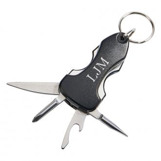 Black Key Chain with Multi Tools and LED Light, 3.5" L