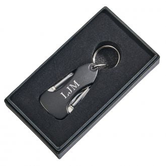 Black Key Chain with Multi Tools and LED Light, 3.5" L